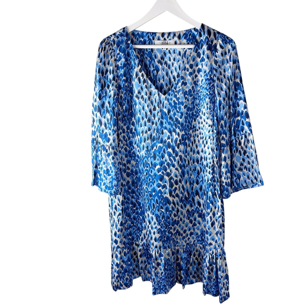 Tibi Blue Abstract Print Silk Ruffle Hem Midi Dress Size 6